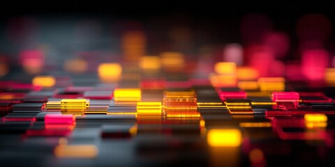 Illuminated digital squares create an abstract, futuristic technological landscape with glowing lights