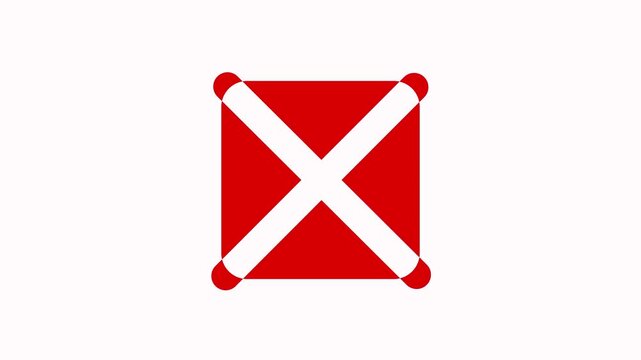Red incorrect wrong answer no entry cross with diagonal strokes and rounded corners animating on and off the screen with plain white background