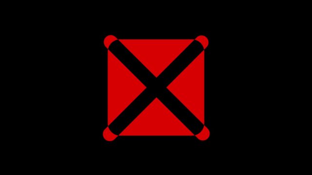 Red incorrect wrong answer no entry cross with diagonal strokes and rounded corners animating on and off the screen with plain black background