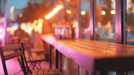 Outdoor seating area at night with glowing lights and wooden tables
