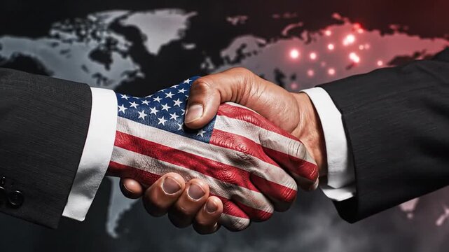 Handshake between two professionals with American flag colors on a world map background symbolizing global business partnership and cooperation