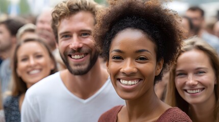 Fototapeta premium A diverse group of people smiling and laughing joyfully together outdoors