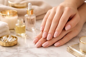 Close-up of manicured hands on marble surface surrounded by candle, oil bottle, pearls, towels, and beige cloth