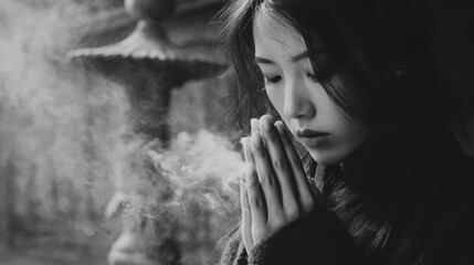 Chinese traditional lunar new year Spring Festival celebration in Asia. A woman in a contemplative pose, her hands clasped in prayer, surrounded by a blurred background.