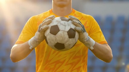 A dedicated soccer goalkeeper in a yellow jersey firmly secures the ball during a match