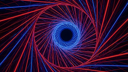Abstract Neon Vortex Tunnel with Intertwined Red and Blue Geometric Light Lines