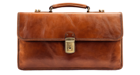 Vintage Brown Leather Briefcase with Brass Clasp and Handle Isolated on Transparent Background