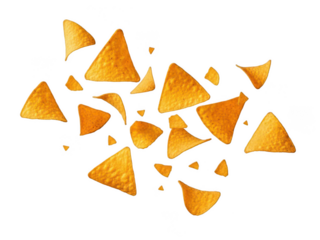 Scattered golden tortilla chips in a dynamic arrangement perfect for food designs on transparent background
