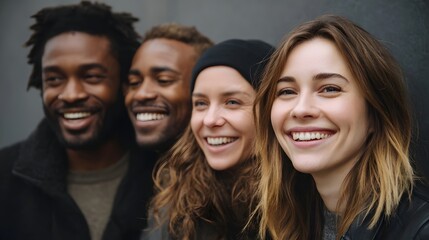 A diverse group of four friends two men and two women share genuine laughter and smiles outdoors exuding happiness and camaraderie