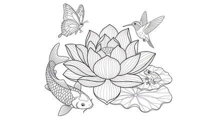 Obraz premium Black and white illustration of lotus flower with animals for coloring pages
