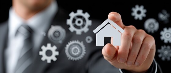 Businessman touches a virtual screen showing icons related to family and home, indicating a focus on home security technology