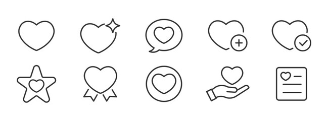 Heart Icon Set, Like, Love and Favorite Symbols, Outline UI Icons, Vector Illustration