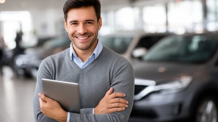 Sales manager in gray sweater and black tie smiles while holding an iPad in car showroom with luxury office decor in the background