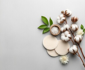 Obraz premium Eco skincare flat lay featuring organic cotton bolls on branch, reusable cotton pads, small salt jar, green leaves, and white daisy on light gray background