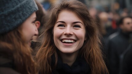A young woman erupts in joyful laughter in a vibrant blurred outdoor crowd showcasing a candid close up portrait of happiness