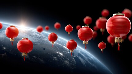 Lanterns float in the night sky, marking Chinese New Year above clouds with a rich crimson background as people celebrate together
