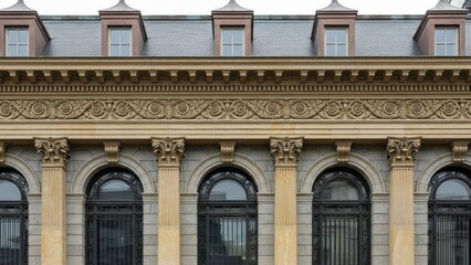 Obraz premium A historic building facade with ornate details and arched windows, featuring a mix of stone and brick materials.