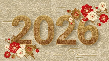 Chinese traditional lunar new year Spring Festival celebration in Asia. A festive New Years Eve celebration with a golden number 2016 adorned with red and white cherry blossoms.