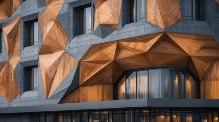 Modern building facade with textured geometric design and wooden elements located in an urban area during daylight hours