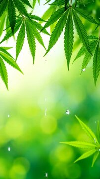 Cannabis leaves with water drops on a bright green background creating a refreshing and vibrant atmosphere. The detail and natural feel create a tranquil mood.