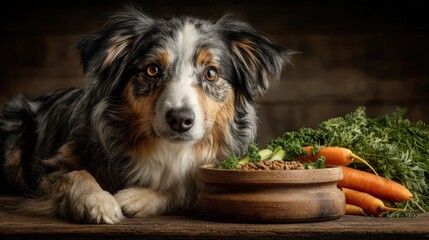 Dog with food and carrots on wooden table, enjoying a meal with fresh vegetables nearby during daylight hours