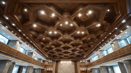 Court ceiling coffers pattern with geometric repetition, diffused light, architectural discipline, abstract institutional background suitable for formal legal and civic design use