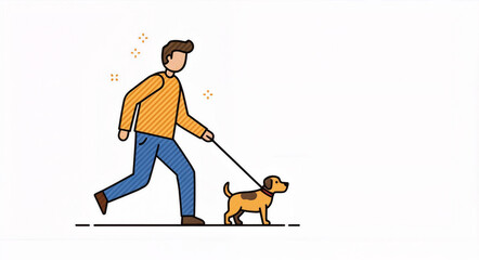 A cartoon person walking a small dog on a leash with stylized text, ideal for pet service ads, community event notices, and friendly neighborhood graphics.