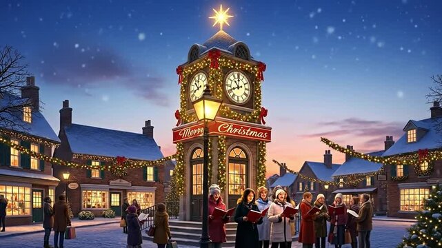 Charming winter scene with carolers and a festive clock tower.