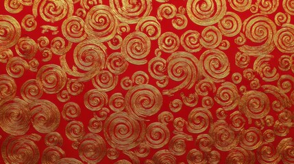 Chinese traditional lunar new year Spring Festival celebration in Asia. A vibrant red background adorned with gold swirling patterns, creating a mesmerizing visual effect.