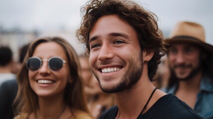 A joyful group of young adults smiling and laughing at an outdoor festival under an overcast sky