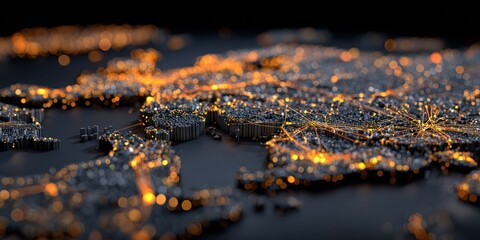 3D illuminated map of a landmass with glowing city lights connected by networks