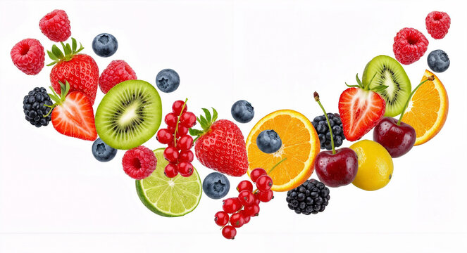A vibrant assortment of fresh fruits scattered on white, perfect for smoothie bar menus, nutrition education, and bright food branding.