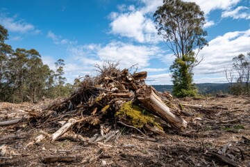 Fototapeta premium Brush pile and timber waste on cleared land in natural woodland
