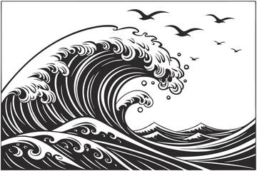 Fototapeta premium Ocean wave woodcut, dramatic stormy sea, monochrome black and white illustration, detailed curling wave crest, foam and spray, stylized Japanese-inspired art, turbulent waters, swirling patterns, hi