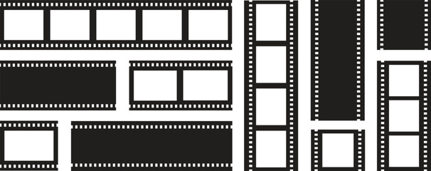 Old filmstrip set. Old fashioned 35mm filmstrip isolated on white background. Filmstrip or border with empty frames. Slide film frame 