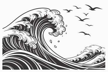 Fototapeta premium Ocean wave woodcut, dramatic stormy sea, monochrome black and white illustration, detailed curling wave crest, foam and spray, stylized Japanese-inspired art, turbulent waters, swirling patterns, hi