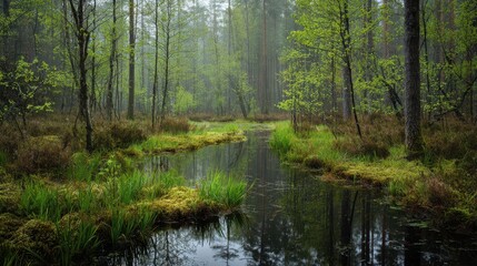 Obraz premium Calm spring landscape: alders, peatland, and mirror-like pools among the woods