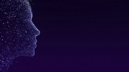 Artificial Intelligence Human Profile Formed by Luminous Data Particles on Dark Violet Space