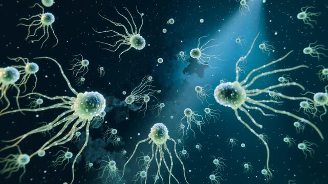 Extreme close-up of a glowing, translucent alien microbe with wavy tentacles floating in a dark aquatic void, zooming out to reveal clusters of identical entities