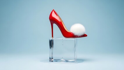 Glossy red stiletto shoe with a fluffy white adornment placed on a clear cube