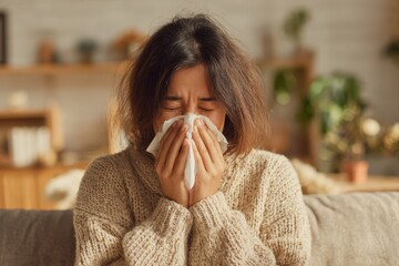 Casual living room moment: woman with allergies sneezes into tissue