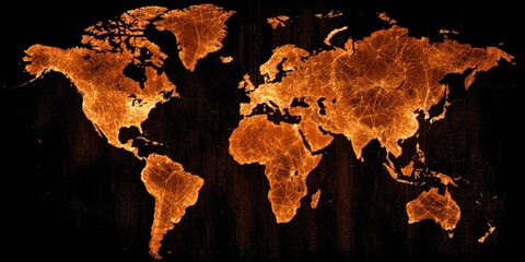 A glowing, textured world map rendered in fiery orange hues against a deep black background