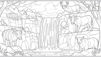 Obraz premium Line art illustration of cattle near a waterfall in a natural landscape