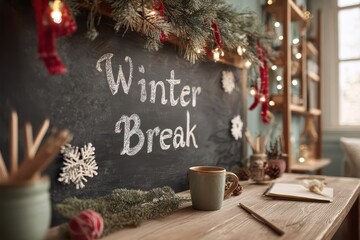 Chalkboard note 'Winter Break' framed by festive decorations and warm string lights in a cozy classroom corner