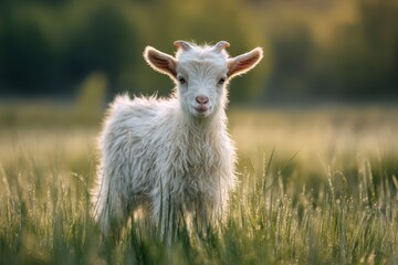 Obraz premium Charming baby goat standing in lush spring grass with warm light