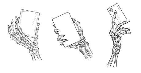 Skeleton hand holding sign and bank card, set, sketch. Vector illustration. Skeleton hand with bony fingers, isolated on white background. Suitable for banners, Halloween signs, and various occasions.
