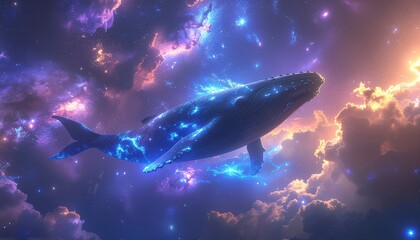 A majestic glowing whale swims gracefully through a vibrant cosmic nebula filled with stars and colorful clouds, creating a fantastical celestial scene.