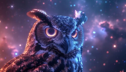 A majestic owl with glowing orange eyes gazes intently against a vibrant cosmic background filled with stars and nebulae in shades of purple and orange.
