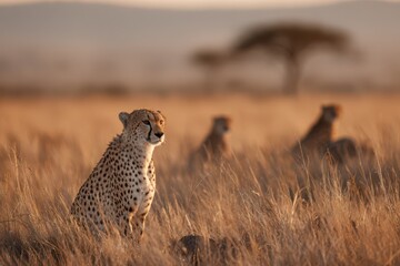 Fototapeta premium Cheetah pair surveying the African plains at sunset