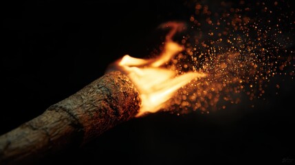 Cinematic night image of a burning torch illuminating a dark environment with embers and glow